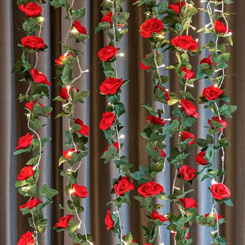 2 Pack 16FT Artificial Rose Garland Vine - Silk Fake Red Rose Flower Hanging Vine for Wedding Arch Home Wall Decor Valentine's Day Mother's Day Derby Day Party Decoration - color: Red