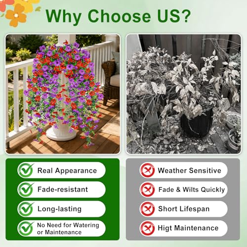 Artificial Hanging Flowers for Outdoors Decorations 2 Pack, Fake Hanging Flowers, UV Resistant Artificial Hanging Plants Outdoors for Home Porch Patio Balcony Baskets Yard(Purple & Red) - color: Purple Red