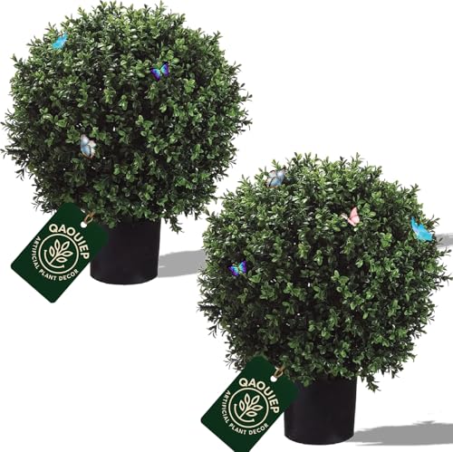 Artificial Boxwood Topiary Trees, 24 Inch Faux Plants for Front Door Porch Decor, 2 Pack UV Resistant Fake Greenery in Pots for Patio Entryway Indoor Outdoor - size: 24" Boxwood