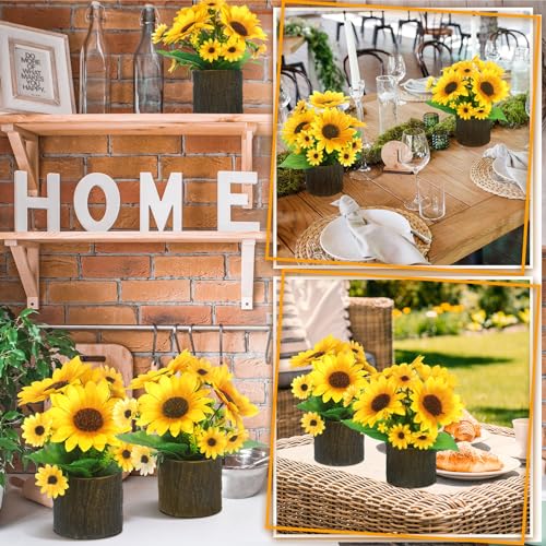 Lyrow 6 Pcs Sunflowers Artificial Flowers Sunflower Flower Bouquet in Planters Summer Fake Faux Floral Rustic Potted Flower Arrangements Table Centerpiece for Vase Summer Home Indoor Outdoor Decor