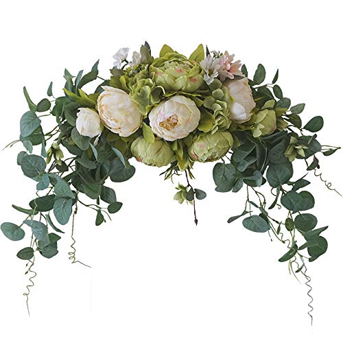 H&S BRIDAL Wedding Arch Flowers, 30 Inch Rustic Artificial Floral Swag for Door Lintel, Green Leaves Rose Peony Sunflowers Table Centerpieces Home Decoration - color: Green9