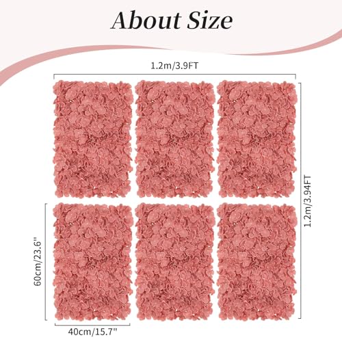 BLOSMON Artificial Flower Wall Panel - Set of 6 Dusty Pink Fake Silk Hydrangea Floral Backdrops (24 x 16 Inch) - Perfect for Wedding Party Baby Shower Decoration - color: Dusty Pink