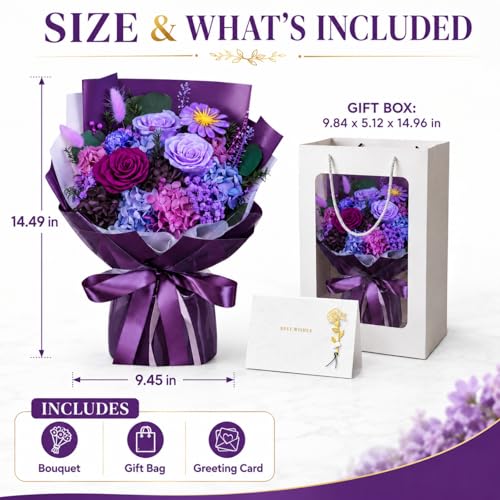 Preserved Purple Rose Bouquet, 100% Real Flowers for Women Mother Wife, Long-Lasting Eternal Roses with Gift Box, Forever Flowers for Anniversary Birthday Mother's Day, Lasts 3-5 Years - color: Deep Purple