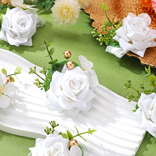 Sherr 20 Pcs White Rose Wrist Corsage and Boutonnier Set Wedding Flower Corsage Wristlet Band Bracelet Bridegroom Men's Boutonniere Wristlet Hand Flower for Wedding Bouquets Supplies - color: White