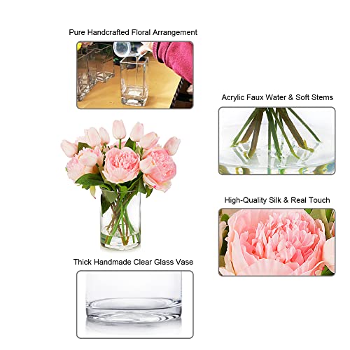 ENOVA FLORAL Artificial Flower Arrangement with Vase, Faux Flower in Vase, Mixed Artificial Real Touch Tulip and Fake Silk Peony Flower in Vase for Decoration Home Office Centerpiece (Pink) - color: T& Peony Pink