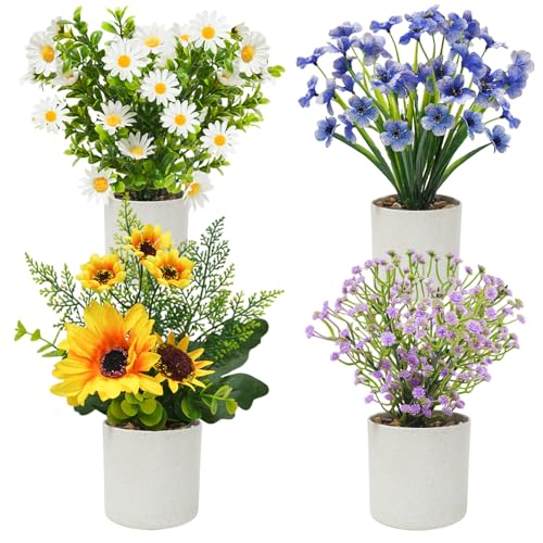 4 Packs Fake Plants Small Artificial Potted Flowers Mini Faux Plants for House Office Bathroom Farmhouse Tabletop Decor - color: Colorful, size: 4 Pcs