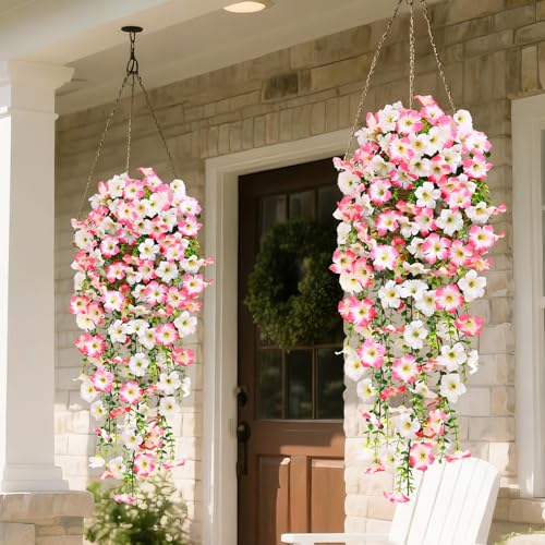 Waipfaru Artificial Petunias Flowers for Outdoors, 2 Pcs UV Resistant Fake Hanging Plants Spring Outside Decor, Faux Silk Flowers Long Trailing Vines for Outdoor Planters Porch Garden (Pink White) - color: Pink, size: 2 PCS
