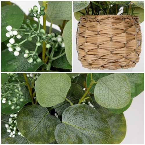 DILATATA Artificial Eucalyptus Stems in Woven Basket Planter, 12" Fake Plant Eucalyptus Leaves with Green Seeds Faux Potted Plant Greenery for Table Centerpiece Office Indoor Home Decor - color: Style#2