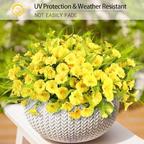 Artificial Flowers for Outdoors 12 Bundles Yellow Artificial Petunias Fake Flowers UV Resistant Shrubs Plants with Fern for Indoor Outside Home Garden Spring Summer Decorations - color: Yellow