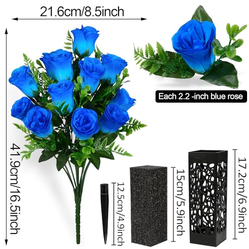 Artificial Cemetery Flowers, Grave Memorial Flowers, Set of 2 Artificial Rose Bouquet with Vase for Cemetery Headstones Gravesites Decoration (Blue) - color: Blue