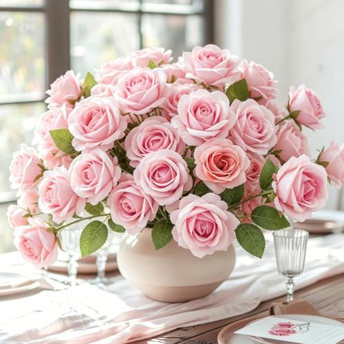 Rose Artificial Flowers Velvet Bouquet with Long Stem Real Touch Fake Roses Florals for Bridal Wedding Bouquet Party Arrangement Centerpiece Decorations (36, Light Pink) - color: Light Pink