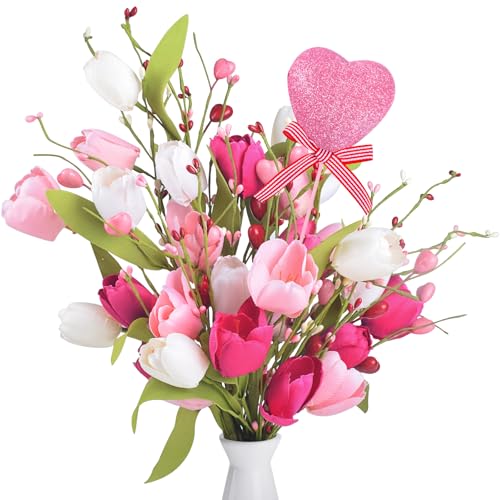 5pcs Artificial Flowers Fake Roses/Tulips Artificial Flowers for Mother's Day Wedding, Party Bulk Home Kitchen Wedding Table Decoration - color: Pink-lovetulip