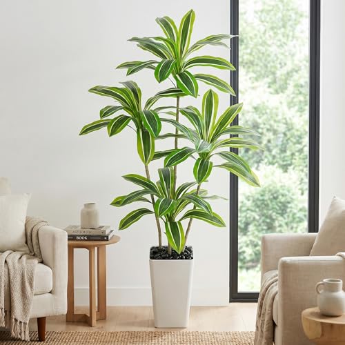 Artificial Yellow Dracaena Tree, 5FT Artificial Plants Indoor with White Tall Planter, Faux Yucca Silk Tree Fake Tropical Floor Plant in Pot, Fake Plants for Home Room Office Entryway Porch Decor - color: White-yellowleaf, size: 5FT