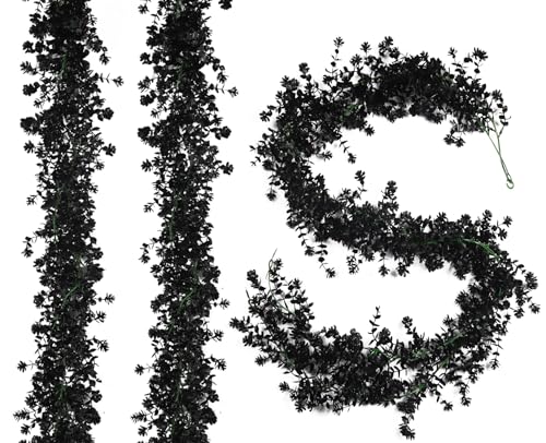 RECUTMS Black Artificial Flowers Black Eucalyptus Garlands Spring Garland Greenery Vines with Flowers Fake Floral Greenery for Halloween Home Backdrop Wall Fall Decor - color: Black