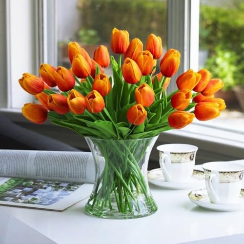 Real Touch Artificial Tulips with Glass Vase and Acrylic Water, 40 Pcs Fake Tulip Flowers Bouquet for Home Office Decor, Silk Flowers Arrangements for Dining Table Wedding Centerpiece (Orange) - color: Orange