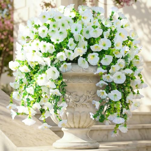 Ivydale 2 PCS Artificial Hanging Flowers Fake Plants for Winter Christmas Outdoor,Faux Silk White Morning Glory with Eucalyptus UV Resistant Realistic Hanging Petunias Vines for Home Garden Decor - color: Beige