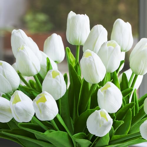 Real Touch Artificial Tulips with Glass Vase and Acrylic Water, 40 Pcs Fake Tulip Flowers Bouquet for Home Office Decor, Silk Flowers Arrangements for Dining Table Wedding Centerpiece (White) - color: White