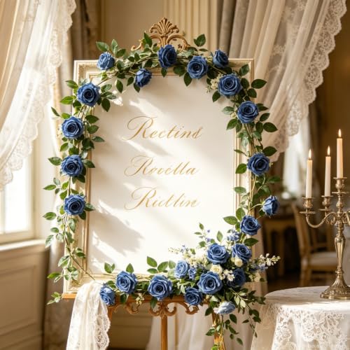Dallisten 2 Strands 73'' Artificial Silk Rose Flower Vines Garland, Fake Roses Floral Green Leaves Hanging Plant for Wedding Arrangement Decoration, Wall, Party, Bedroom, Home Decor (Blue) - color: Blue