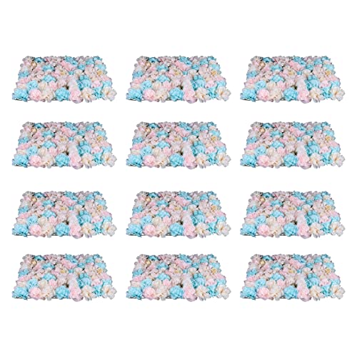 12 Pcs Artificial Flowers Decoration, Floral Background Walls Artificial Flowers Wall Panels, 23.62" X 15.74" Silk Rose Rayon Flower Wall Mat Backdrop for Wedding Party Event Decor - color: Blue
