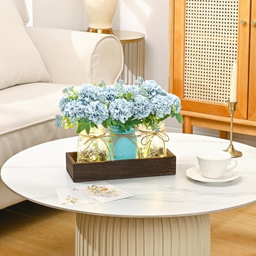 BLEUM CADE Centerpiece Table Decorations - Mason Jar Lights Centerpiece for Kitchen Dining Table Farmhouse Coffee Table Wedding Home Decor with 3 Jars Hydrangea Artificial Flowers & Wood Tray - color: Blue-hydrangea