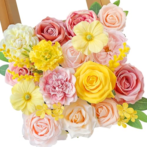 Serwalin Artificial Flowers,Pink Yellow Silk Fake Flowers Box for DIY Wedding Bridal Bouquet, Wedding Cake Flowers for Table Centerpieces Birthday Party Bridal Shower Home Decorations - color: A Pink Yellow, size: 1 Box