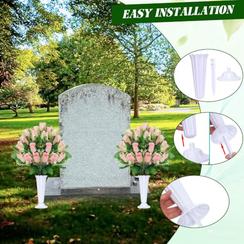 Artificial Cemetery Flowers for Grave,2Pack Memorial Roses Bouquets with Vase for Grave Tombstone Decorations(Pink) - color: Pink