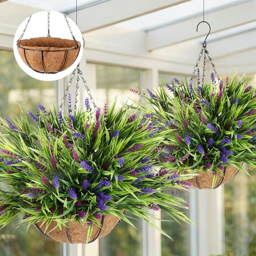 Hotop 2 Pack Outdoor Artificial Lavender Hanging Plants with Basket 16 Bundles UV Resistant Lavender in Coconut Liner Pot Spring Flowers Decor for Porch Patio Home Garden Decor(Light Purple,Purple) - color: Light Purple ,Purple