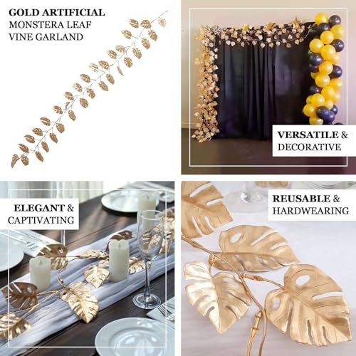 Efavormart 7ft Metallic Gold Artificial Monstera Leaf Table Garland, Extra Long Faux Tropical Jungle Hanging Vine for Modern Events and Large Display Styling - color: Type18