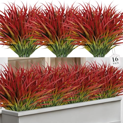 16 Pcs Artificial Plants Outdoor Fake Grass Faux Greenery Stems UV Resistant Plastic Plants Shrubs for Planters Patio Garden Front Porch Pathway Spring Summer Home Decor, Red - color: Red