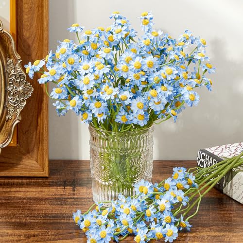 Serwalin 12pcs Small Blue Daisy Flowers Artificial, Realistic Fake Daisies Faux Wildflower Daisy Arrangements for Wedding, Vase Centerpiece Table Decorations, DIY Home Party(Not Include Vase) - color: Blue, size: 12PCS