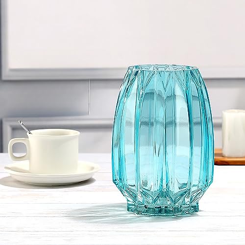 Lucky Bird Modern Ribbed Blue Glass Vase for Flowers, Candles, and Decorative Accents - Tall/Short for Centerpieces and Table Decor (H8.0inch) - color: Blue, size: H-7.87inch