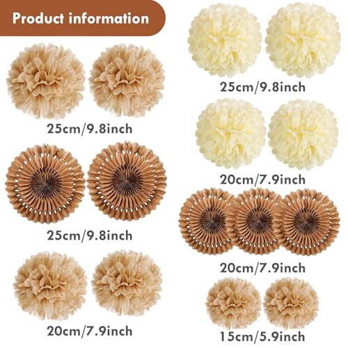 PAPER JAZZ 15 Pcs Wedding Decoration Vintage Beige Pompoms Decoration Brown Paper Fans Boho Party Decoration for Wedding Decoration Birthday Table Decoration Baby Shower - color: Vintage