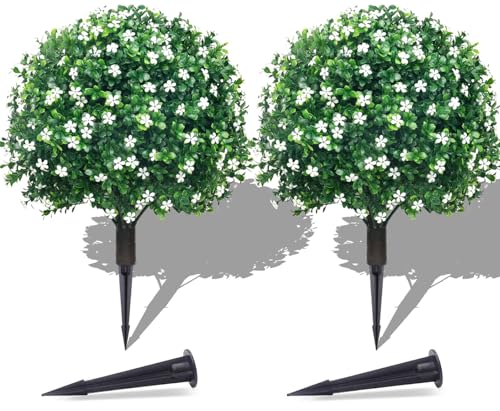 PATIO CHOICE Topiary Trees Artificial Outdoor Boxwood Ball Trees with Ground Spike Set of 2 22" Fake Outdoor Plants Faux Bushes and Shrubs Decorations for Outdoor Indoor Front Porch Garden - color: White, size: 22in
