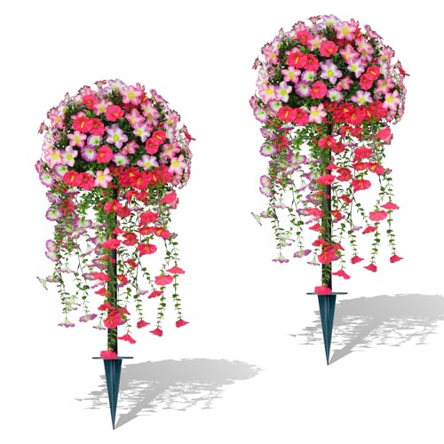 Yangrass Artificial Topiary Ball Trees with Pink Morning Glory Flowers, 3FT Faux Outdoor Plants Artificial Bushes Set of 2 with Ground Spike, UV Resistant Fake Shrubs for Front Porch Garden - color: Pink Morning Glory