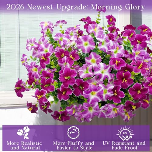 Artificial Flowers for Outdoors Decoration, 12 Bundles Fake Silk Morning Glory with Faux Plastic Eucalyptus UV Resistant for Outside Front Door Porch Planters Patio Garden Decor (MultiColor 3) - color: Multicolor 3