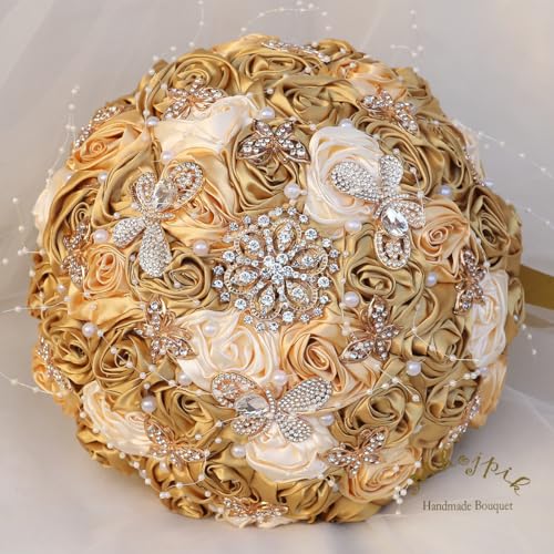 Handmade Wedding Flowers Bouquet Round Holding Bridal Bouquet Artificial Satin Roses Bunch for Bride Bridesmaid Wedding Quinceanera - color: Gold, Light Gold & Cream, size: Small (Dia. 7.5"/19cm)