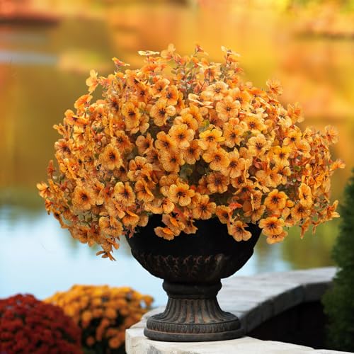 Grunyia 16 Bundles Artificial Fall Flowers UV Resistant Faux Greenery, All Weather Outdoor Autumn Decor for Thanksgiving Christmas Wedding Home Garden Fireplace Party Décor (Fall Orange Yellow) - color: Fall Orange Yellow