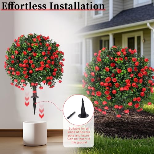 Artificial Boxwood Topiary Ball Trees with Red Rose, 2 Set of 16'' UV Resistant Fake Evergreen Shrubs Bushes Plants with Ground Spike Fake Plants for Outdoor Indoor Front Porch Garden - color: Red Rose