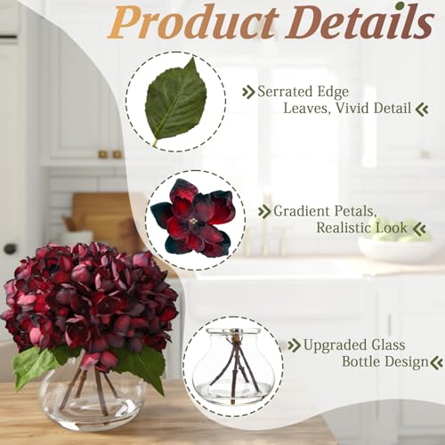 Burgundy Artificial Hydrangea Flowers with Glass Vase, Faux Floral Arrangements with Fake Water, Lifelike Hydrangeas Table Centerpieces for Dining Room, Coffee Table, Bathroom Decor - color: D-burgundy