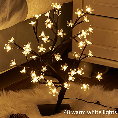 PEIDUO 17.5 Inch Lighted Cherry Blossom Tree, 48 Warm White Lights Plug in Adapter, Light up Bonsai Tree for Christmas Indoor Home Bedroom Living Room, Tabletop Decor Night Light Artificial Tree - style: Cherry Blossom Tree