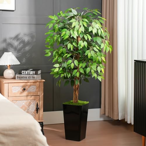 5ft Ficus Artificial Tree with 3 Natural Curved Trunks, 60" Tall Lush Faux Tree for Home Decor Indoor, Green Lifelike Fake Ficus Tree with Black Planter Pot - color: Black Planter, size: 5ft