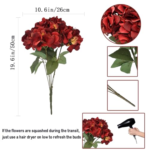2Bouquets Artificial Fake Flowers Silk Hydrangea Arrangements Wedding Bouquets Decorations Plastic Floral Home Kitchen Garden Party Festival Bar DIY (Red,5 Flower Heads) - color: Red,5 Flower Heads