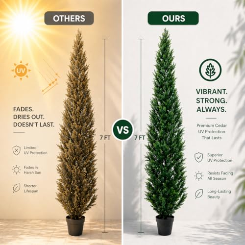 7 Feet Outdoor Artificial Topiary Cedar Tree, Set of 2 UV Resistant Potted Faux Cedar Trees for Outdoors and Indoors, Decorative Fake Shrubs Topiary Trees for Home Living Room Front Door Decor - size: 7ft