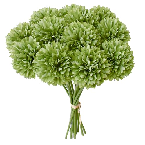 Mandy's 12pcs Artificial Green Chrysanthemum | 11.8 inch Artificial Mums Flowers for Home Table Centerpiece Summer Decor Silk Flowers for Porch Patio and Wedding - color: Green 1