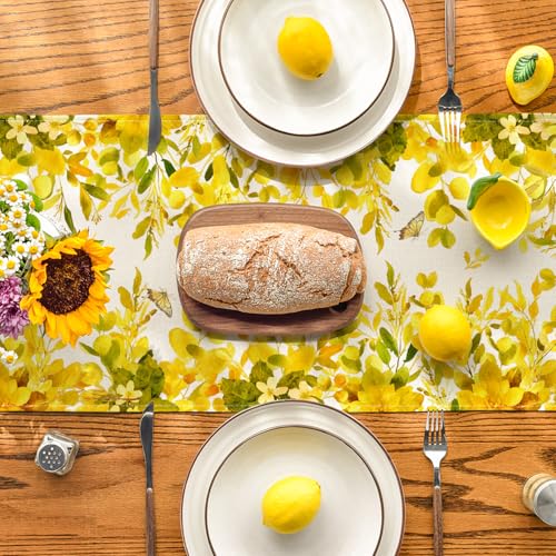 Artoid Mode Yellow Flowers Floral Eucalyptus Summer Table Runner, Seasonal Spring Kitchen Dining Table Decoration for Home Party Decor 13x72 Inch - color: Yellow, size: 13" x 72", Table Runner