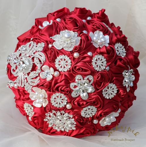 Bridal Wedding Bouquet Round Bling Brooch Bouquet Artificial Rose Flower Bunch for Bride Bridesmaid Wedding Quinceanera(Ruby Red, 8.7") - color: Ruby Red*, size: Medium (Dia. 8.7"/22cm)