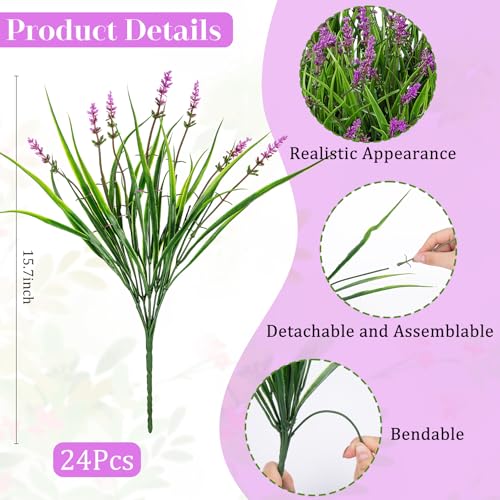 24 Bundles Artificial Plants Flowers Outdoor, Faux Lavender Flowers Fake Monkey Grass UV Resistant Plastic Plant for Porch Garden Patio Window Home Decor, Lotus - color: Lotus