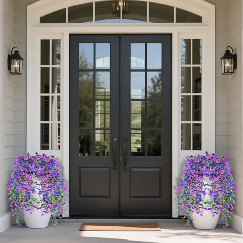 Artificial Hanging Flowers for Outdoors Decorations 2 Pack, Fake Hanging Flowers, UV Resistant Artificial Hanging Plants Outdoors for Home Porch Patio Balcony Baskets Yard(Double Purple) - color: Double Purple