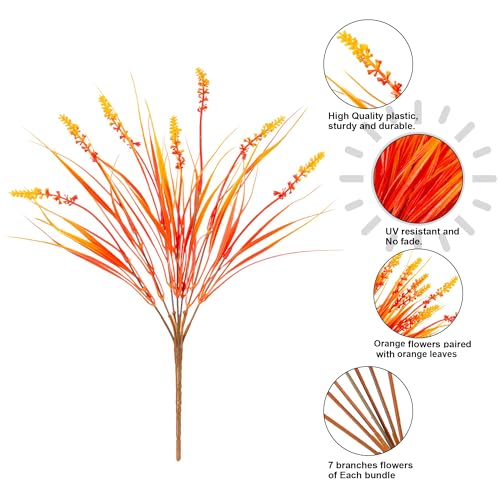 Artificial Fall Fake Outdoor Plants Flowers for Autumn Decoration,10 Bundles Faux Plastic Tall Monkey Grass Greenery UV Resistant Realistic for Home Outside Planter Window Porch Patio Garden (Orange) - color: Orange