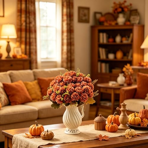 18 Heads Brown Artificial Chrysanthemum Flowers Fake Mums Brown Kiku Ball Flowers Bouquet Silk Chrysanthemums for Indoor Outdoor Table Centerpiece Vase Wedding Decoration, 2 Pcs - color: Brown Chrysanthemum